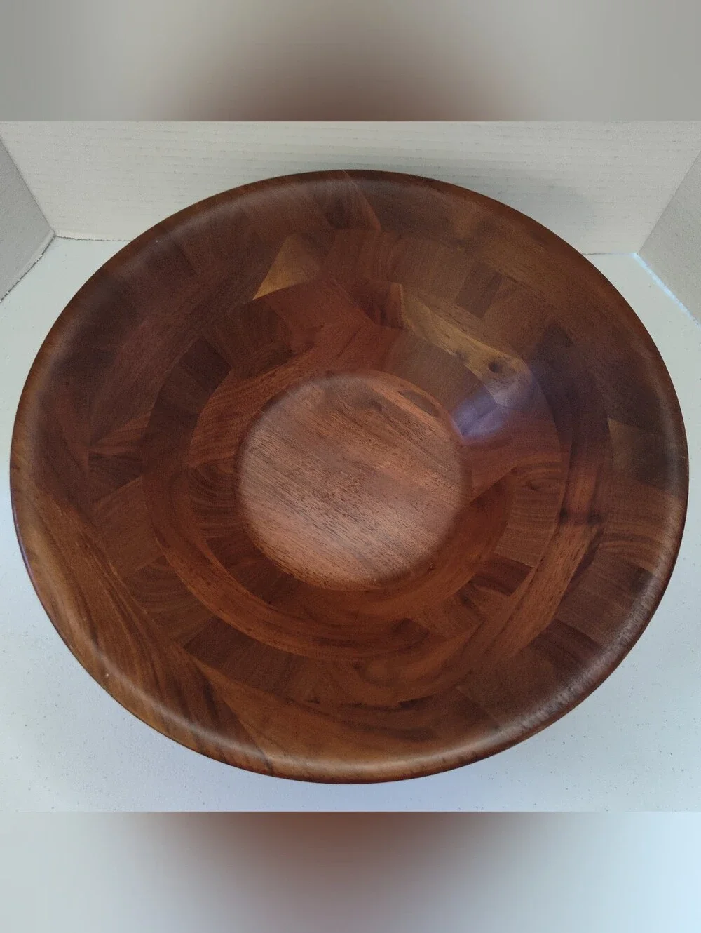 Vtg MCM Real Walnut Wood Mid Century Vermillion Salad Serving Bowl 14